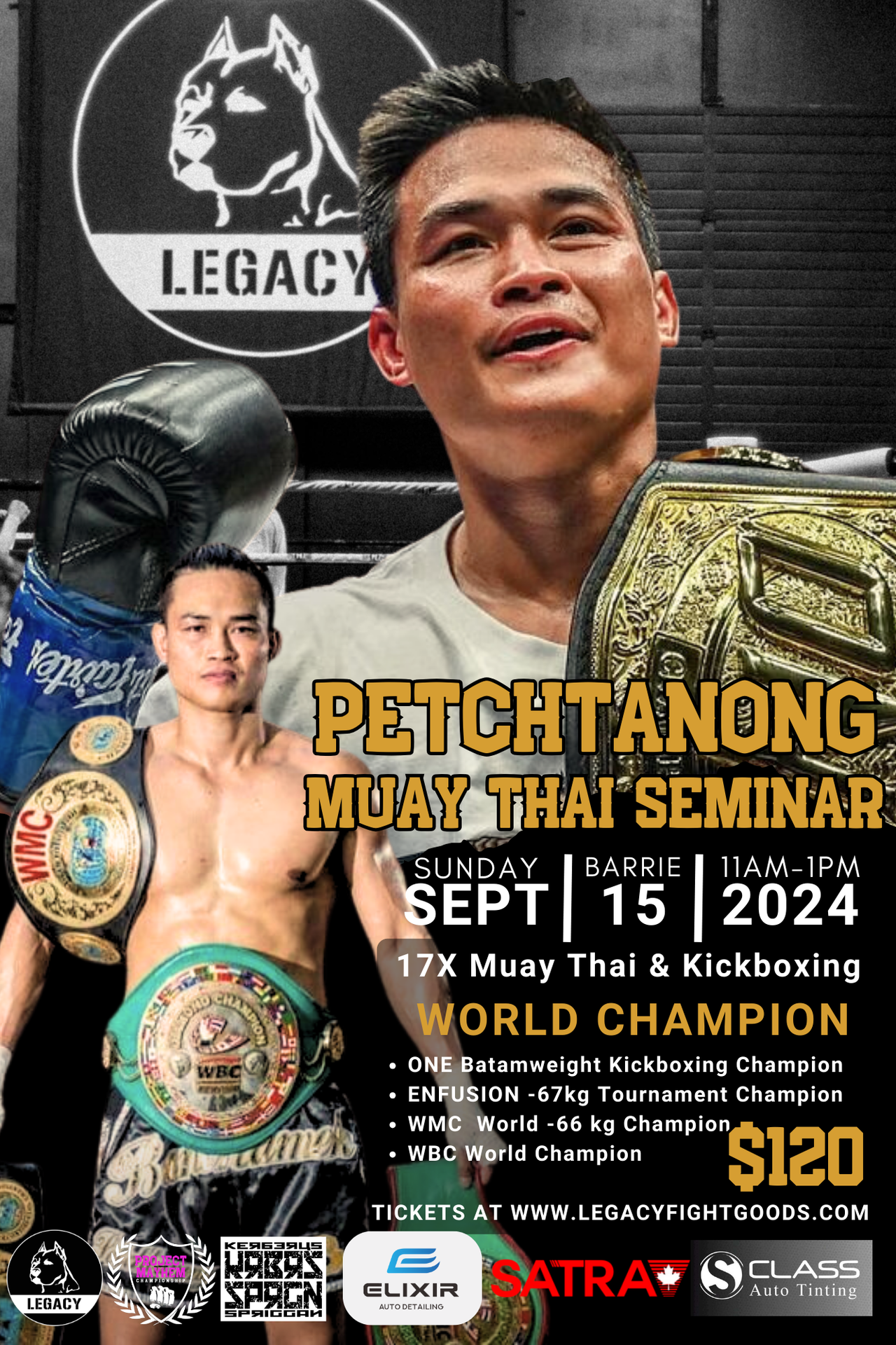 Promotional poster for Petchtanong Muay Thai Seminar at Legacy Fight Club, featuring images of Petchtanong with boxing gloves and a depiction of the event details.
