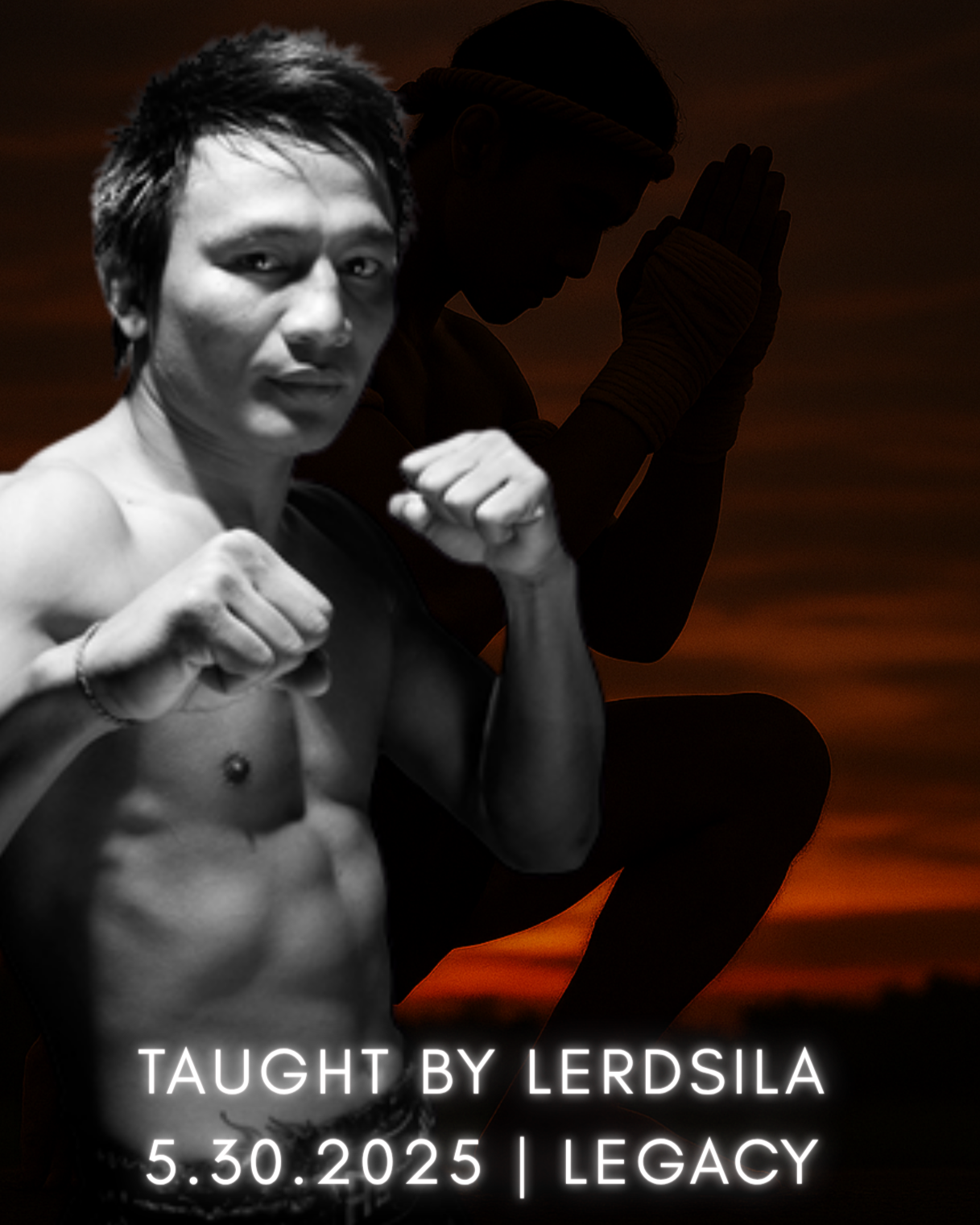 Promotional poster for a Muay Thai workshop with a person in a fighting stance against a sunset background.