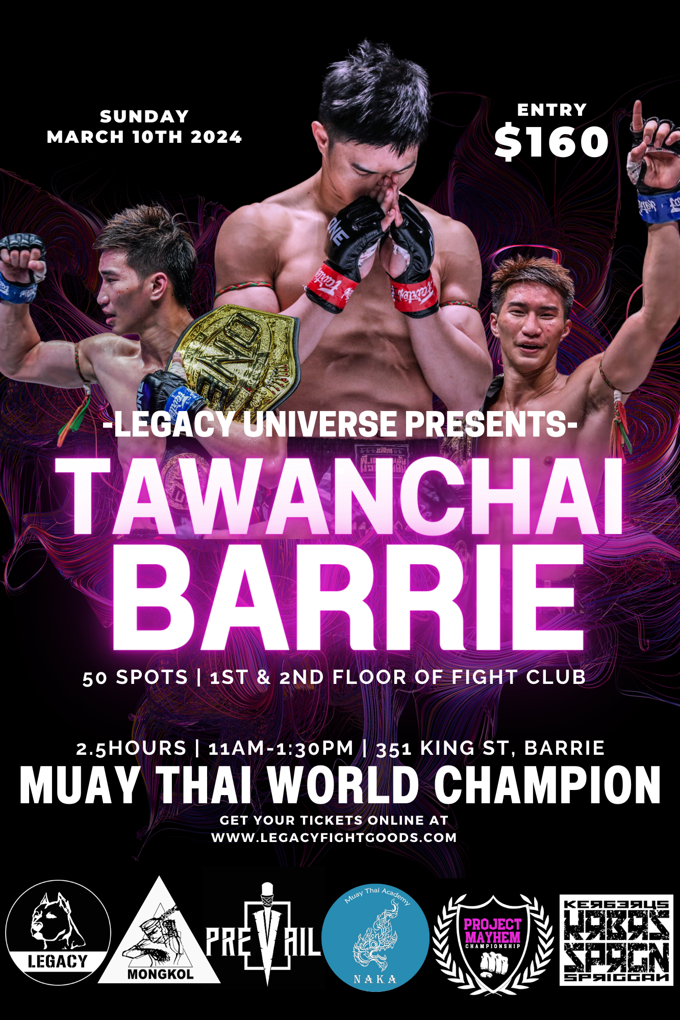 Promotional poster for Tawanchai Seminar at Legacy Fight Club, featuring images of Tawanchai in a martial arts pose, event details, and pricing.