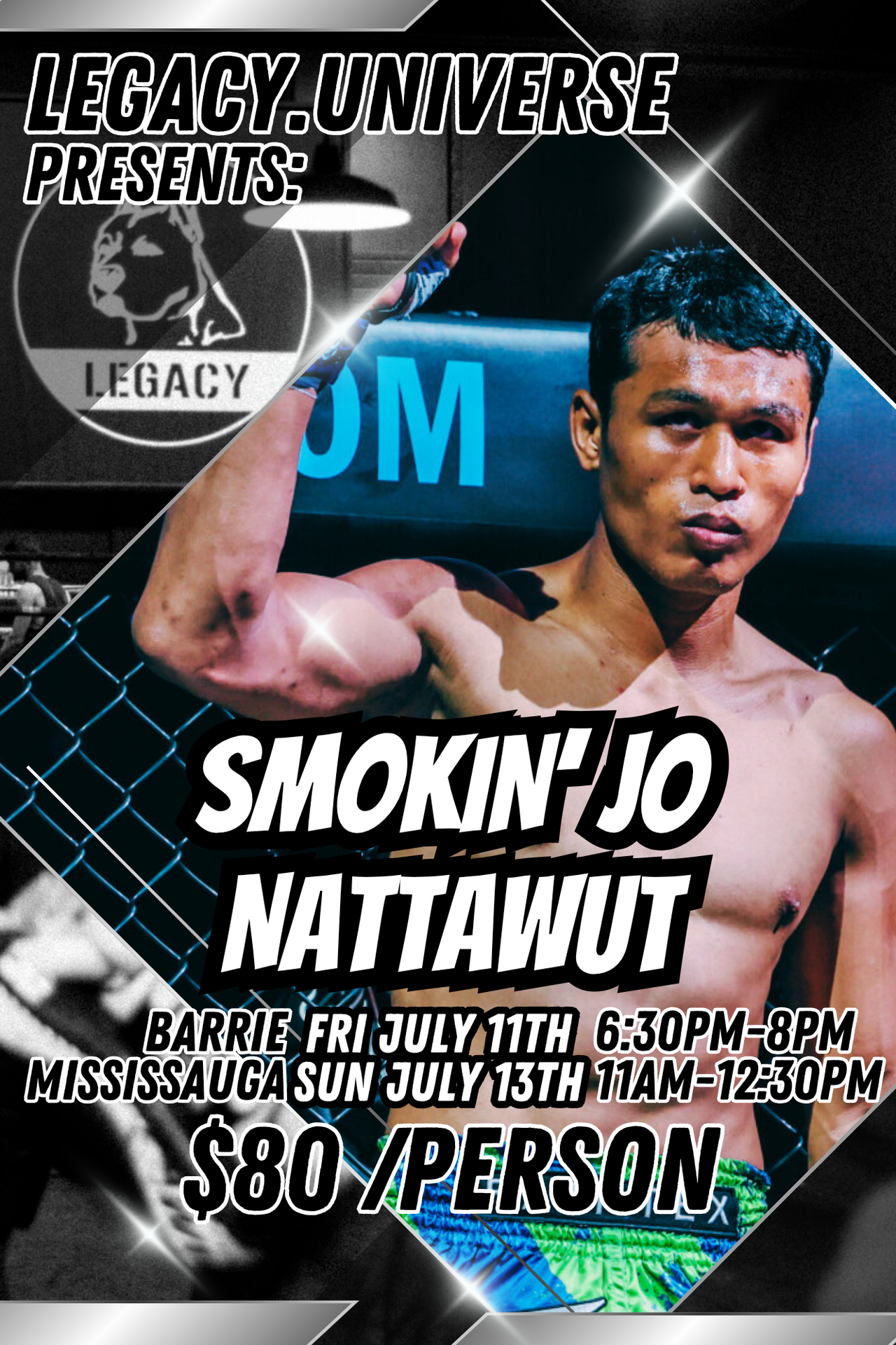 Promotional poster for a boxing event featuring Smokin' Jo Nattawut with event details.