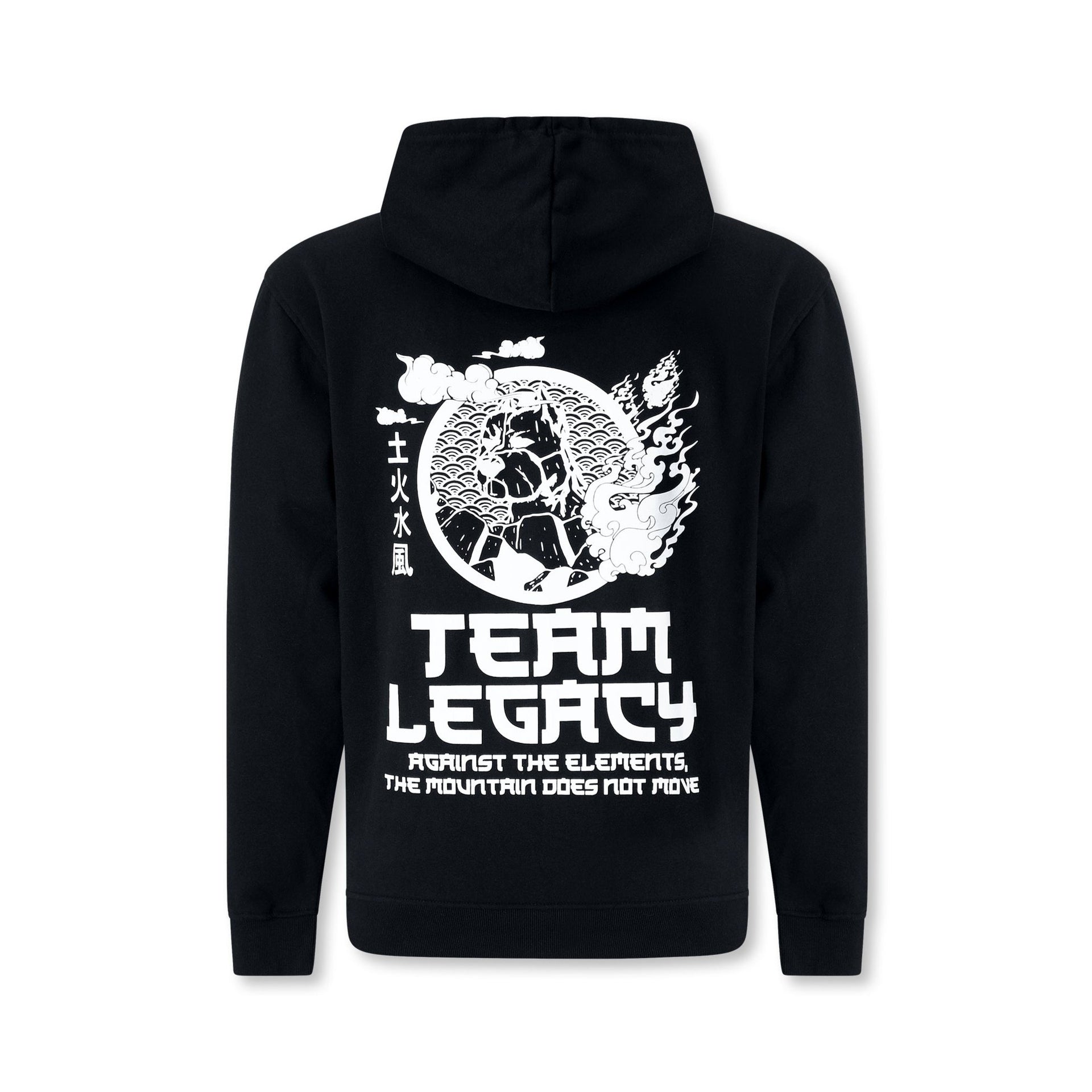 Legacy Elements Hoodie in black – minimalist martial arts hoodie inspired by the four elements and airbender-style movement