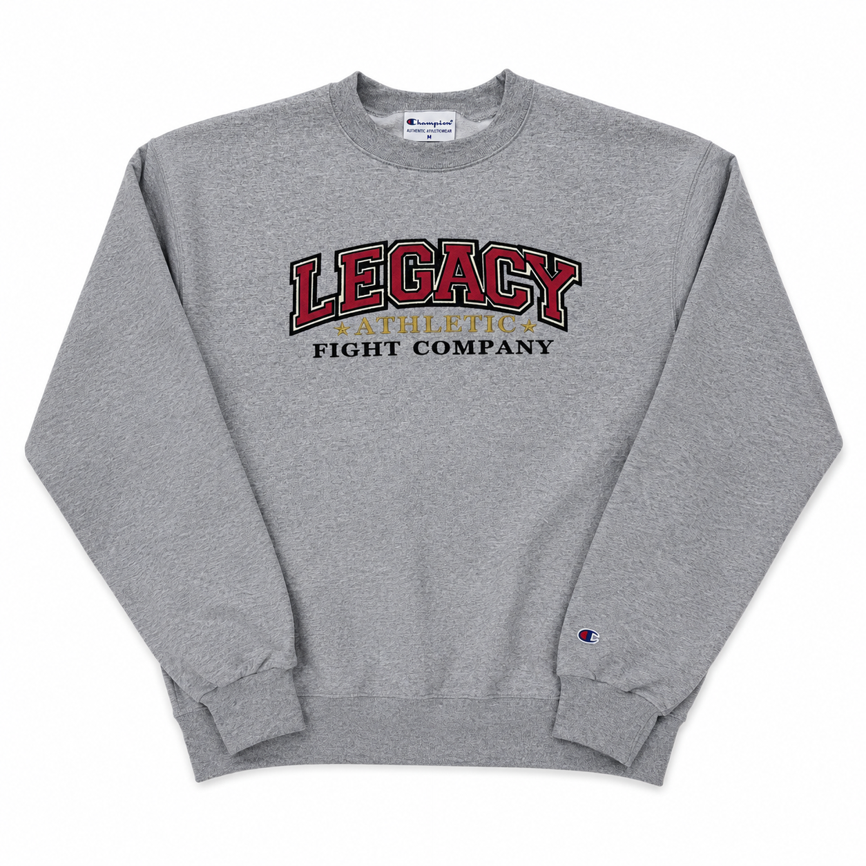 Gray sweatshirt with 'Legacy Athletic Fight Company' text on a white background