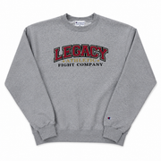Gray sweatshirt with 'Legacy Athletic Fight Company' text on a white background