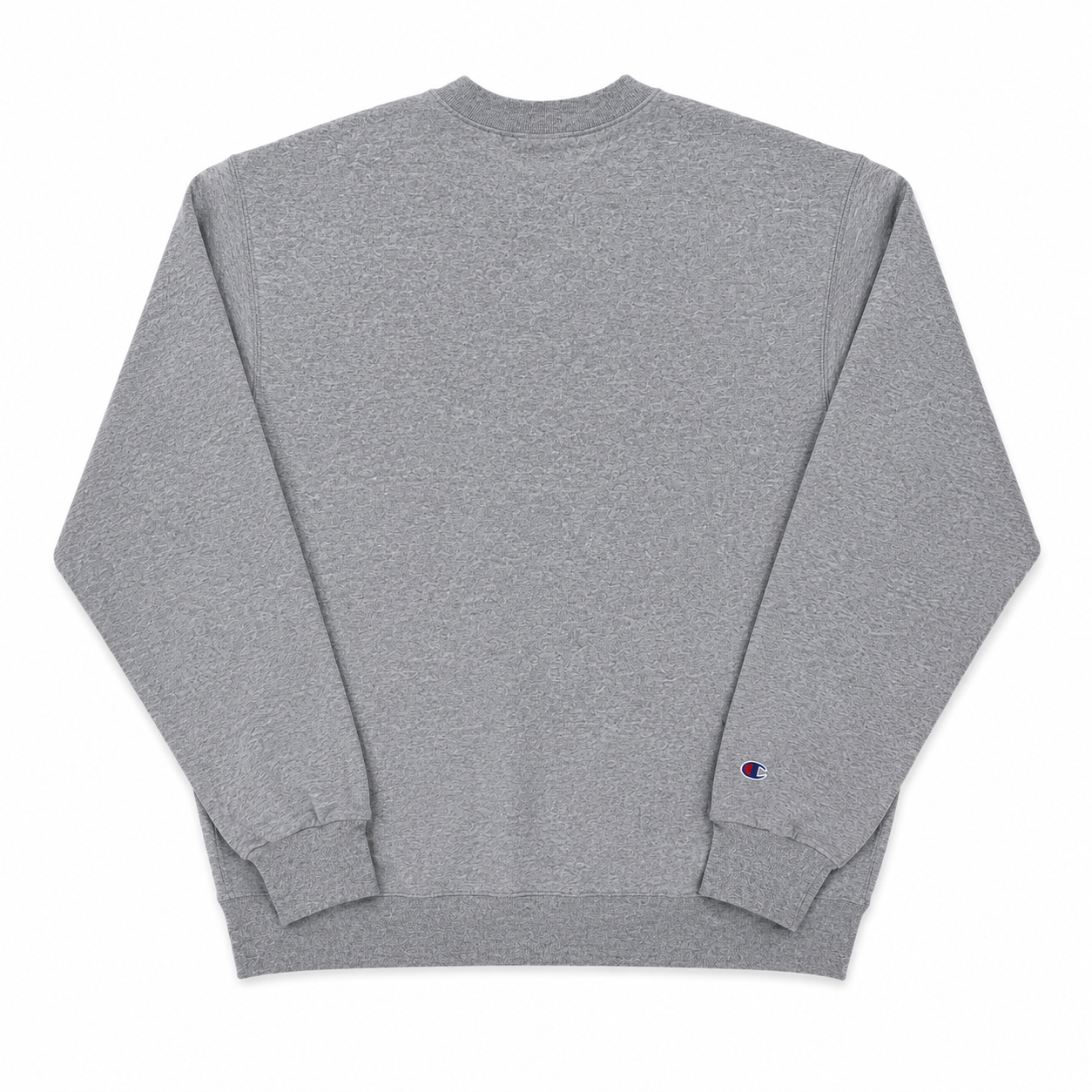 Gray sweatshirt with a brand logo on the sleeve against a white background