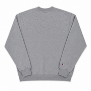 Gray sweatshirt with a brand logo on the sleeve against a white background