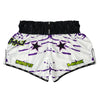 White shorts with purple star patterns and green text on a white background