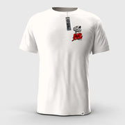 White t-shirt with a logo on the chest against a light gray background