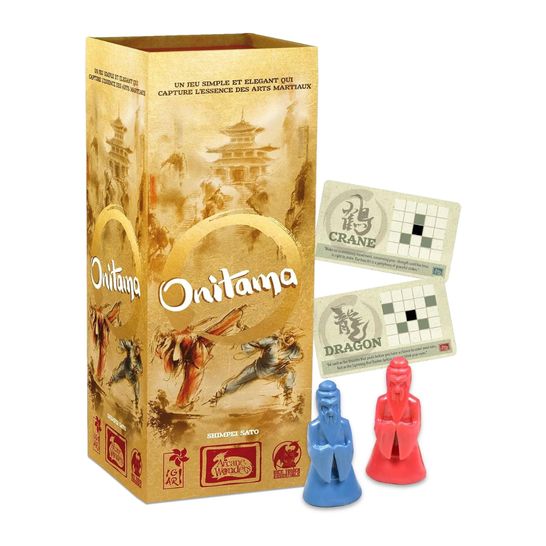 Onitama game box with game pieces and cards on a white background