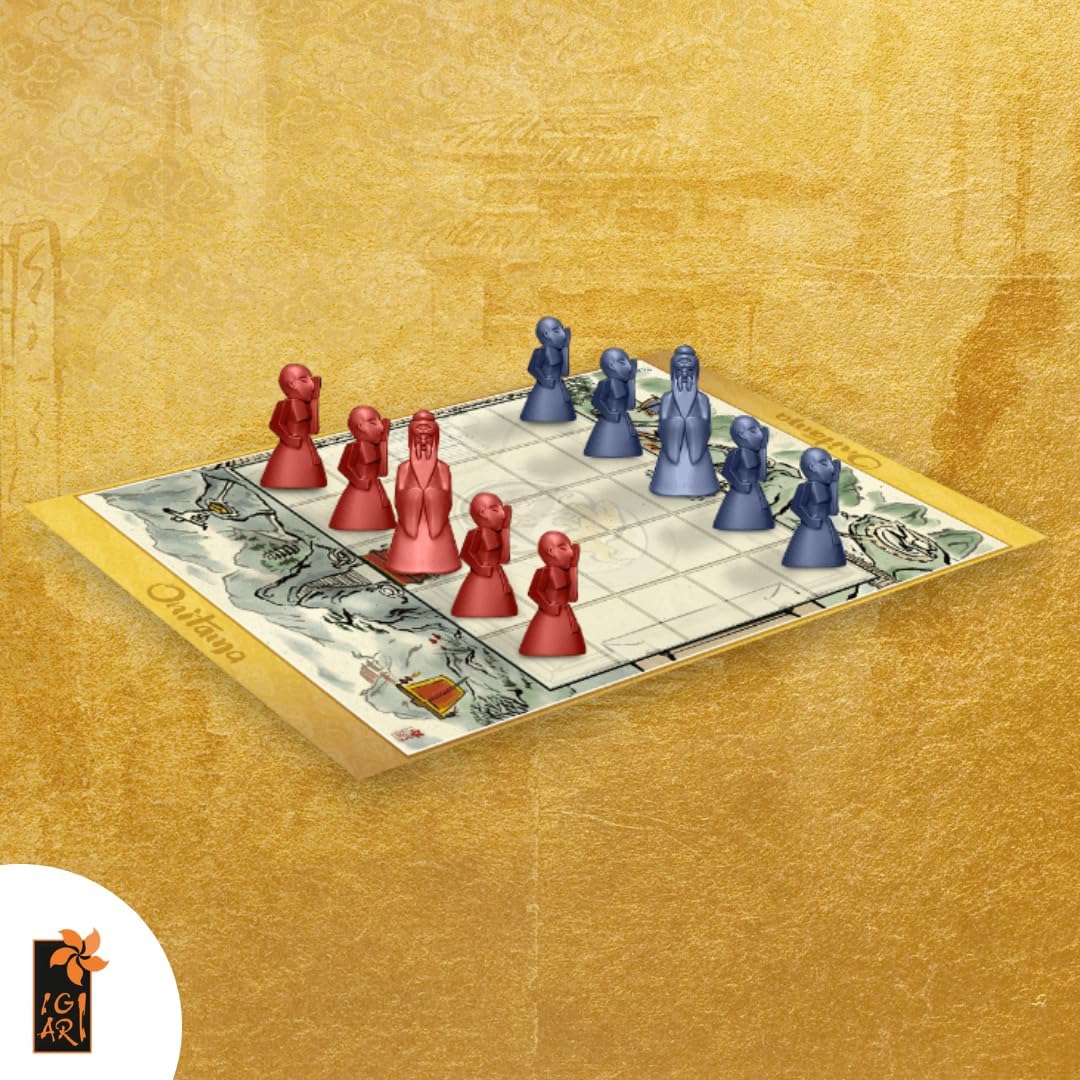 Chessboard with red and blue chess pieces on a yellow background