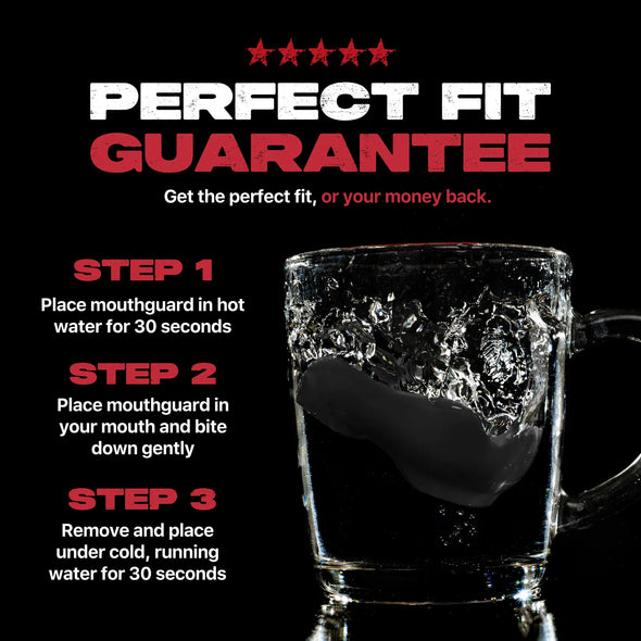 Mouthguard with hot water instructions on a black background