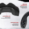 Black dental brace with labeled parts on a white background