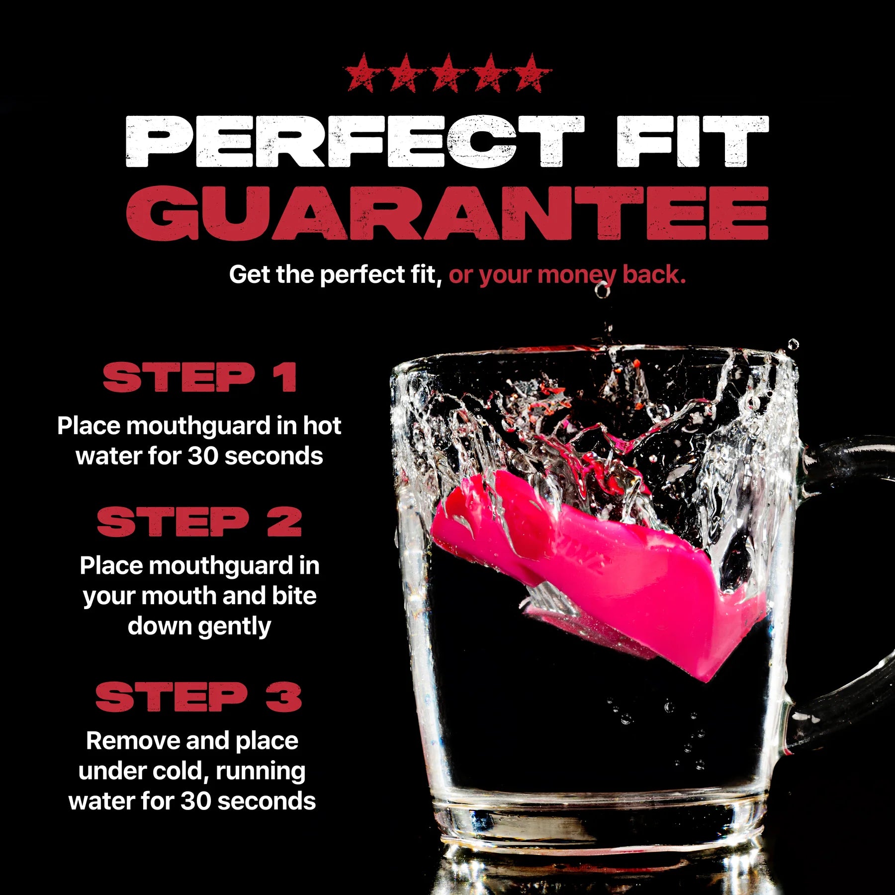 Mouthguard being placed in hot water with text on a black background