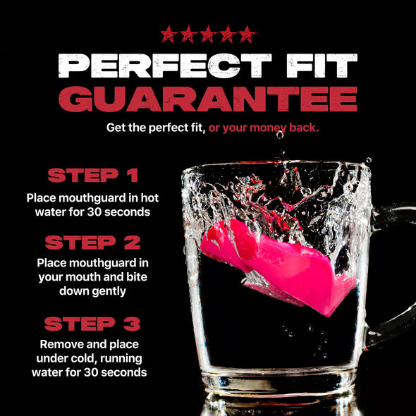 Mouthguard being placed in hot water with text on a black background