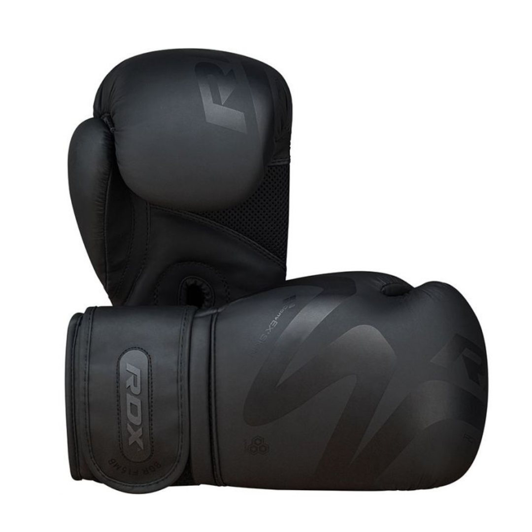 RDX F15 Noir Black Boxing Gloves – Sleek matte black design with layered foam padding, ergonomic wrist support, and ventilation for boxing,mma, and Muay Thai.