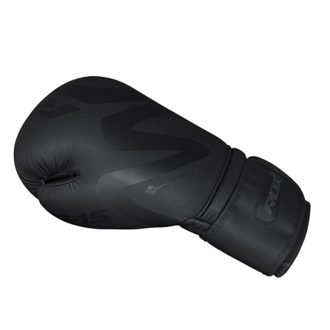 RDX F15 Noir Black Boxing Gloves – Sleek matte black design with layered foam padding, ergonomic wrist support, and ventilation for boxing,mma, and Muay Thai.