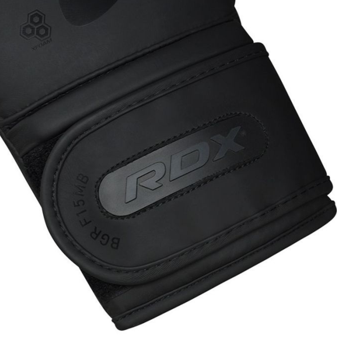 RDX F15 Noir Black Boxing Gloves – Sleek matte black design with layered foam padding, ergonomic wrist support, and ventilation for boxing,mma, and Muay Thai.