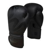 RDX F15 Noir Black Boxing Gloves – Sleek matte black design with layered foam padding, ergonomic wrist support, and ventilation for boxing,mma, and Muay Thai.