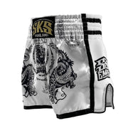 White boxing shorts with black designs and branding on a light gray background