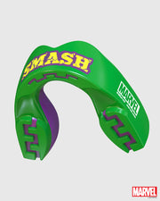 Green mouthguard with purple accents and 'Marvel' branding on a white background