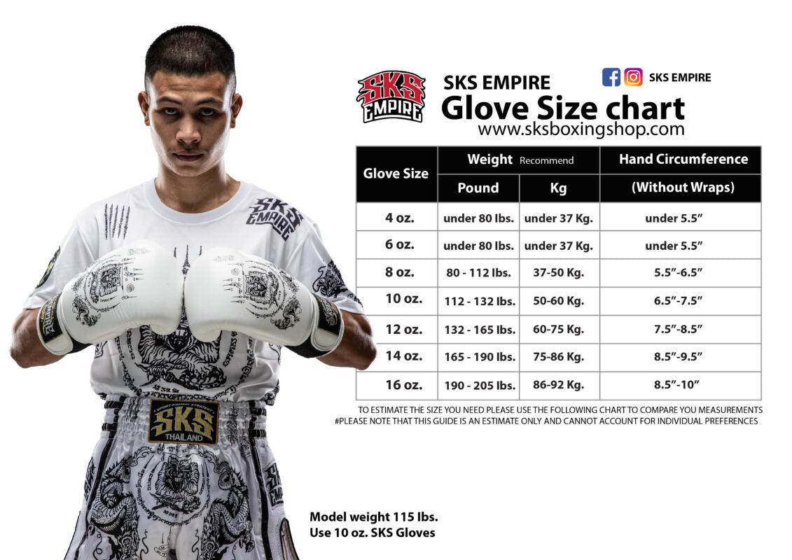Person wearing boxing gloves with a glove size chart on a white background