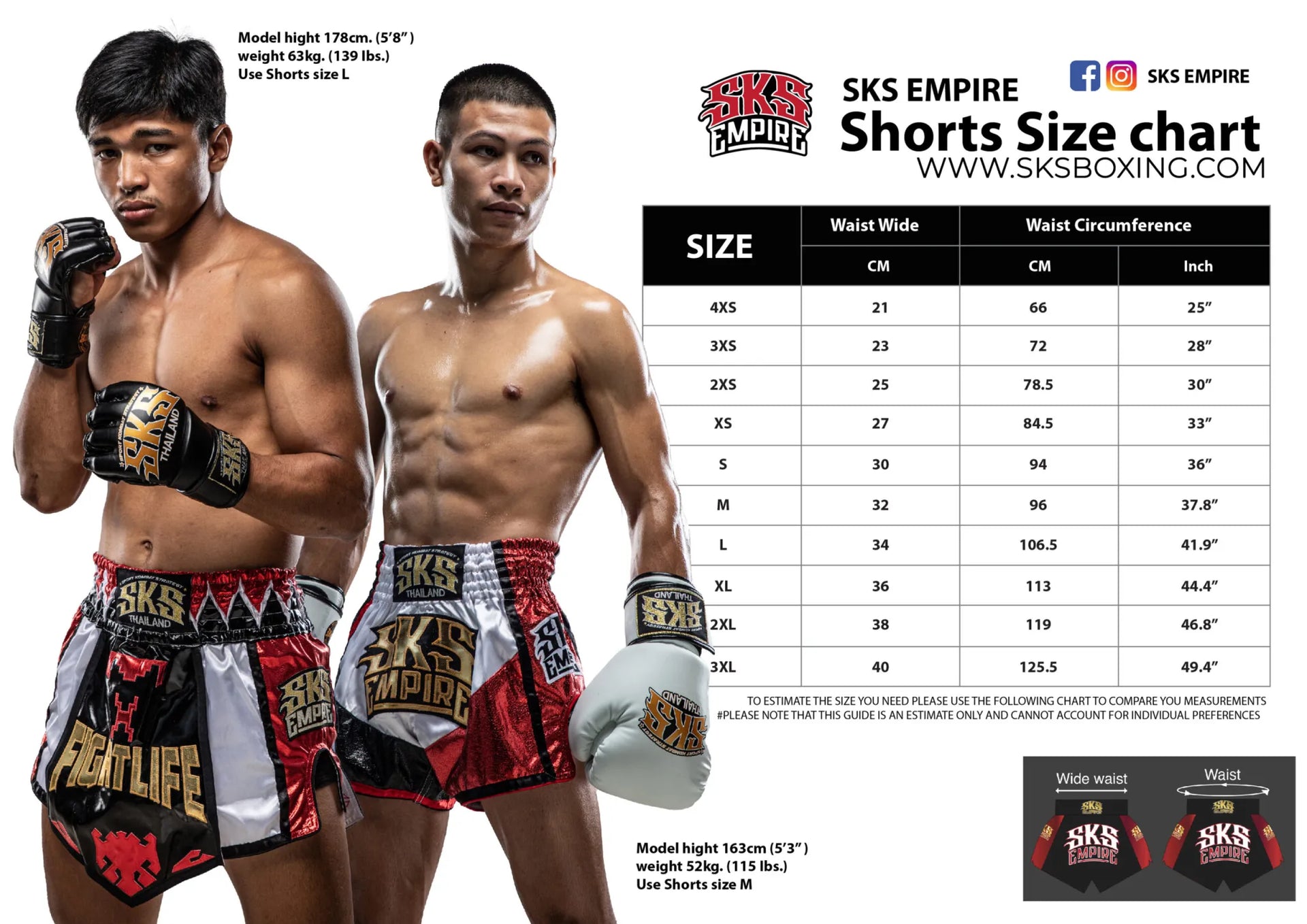Two boxers wearing SKS Empire boxing shorts with a size chart displayed.