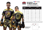 Two individuals wearing SKS Empire boxing gear with a t-shirt size chart on the right.