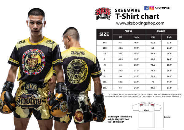 Two individuals wearing SKS Empire boxing gear with a t-shirt size chart on the right.