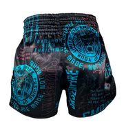 Black Muay Thai shorts with blue and red designs on a gray background