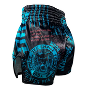 Black and blue athletic shorts with a prominent logo on a gray background