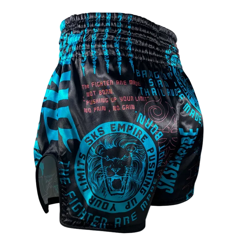 Black and blue athletic shorts with a prominent logo on a gray background