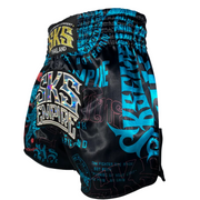 Black and blue patterned boxing shorts with visible branding on a gray background