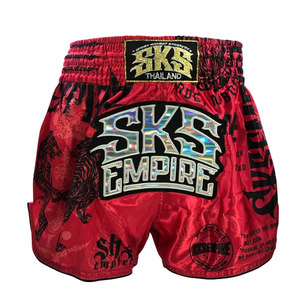 Red boxing shorts with 'SKS Empire' branding on a gray background