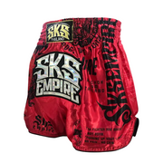 Red boxing shorts with black and white text on a gray background