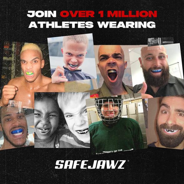 Promotional image for SafeJawz with various athletes wearing mouthguards.