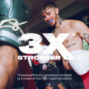 Person in boxing gear with '3X Stronger' text overlay