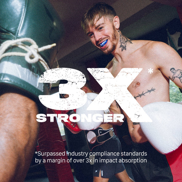 Person in boxing gear with '3X Stronger' text overlay