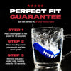 Mouthguard in a glass with instructions on how to use it, against a black background.