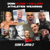 Promotional image for SafeJawz with multiple people wearing mouthguards and the brand name displayed.