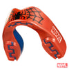 Red and blue mouthguard with Spider-Man logo on a white background