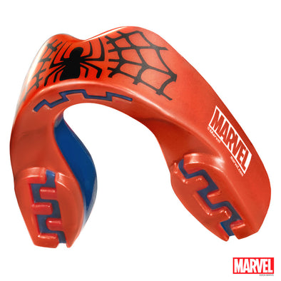 Red and blue mouthguard with Spider-Man logo on a white background