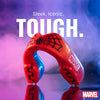 Red and blue mouthguard with Marvel logo on a reflective surface and colorful background