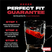 Mouthguard heating instructions with a Marvel logo on a black background
