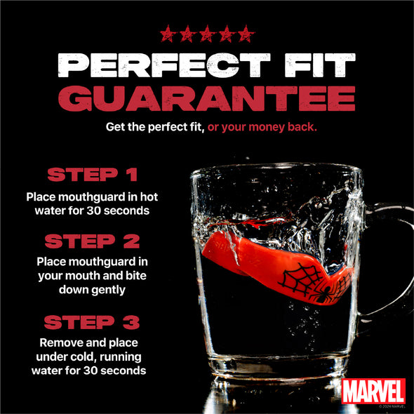 Mouthguard heating instructions with a Marvel logo on a black background