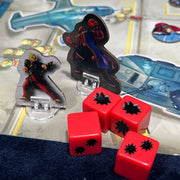 Board game pieces including figures and red dice on a game board