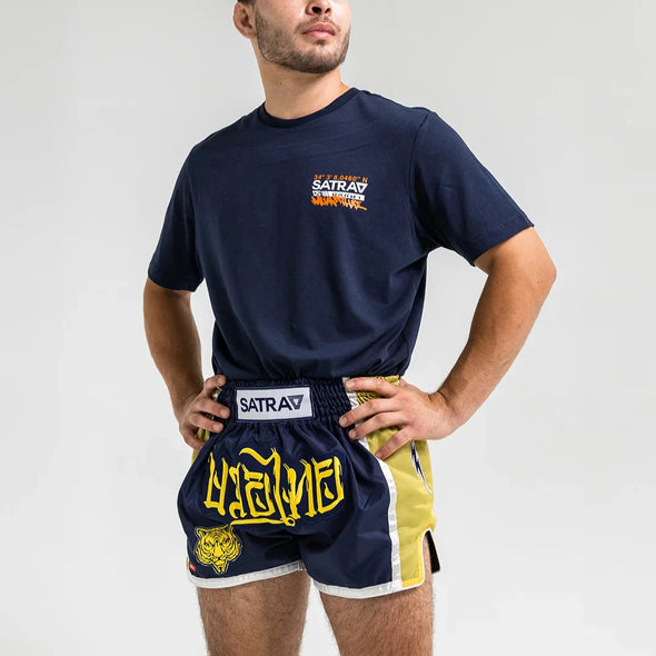 SATRAA WOOT MUAY THAI SHORTS - THE STRIKERS | GOLD PRINT