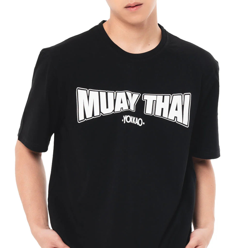 Black t-shirt with 'MUAY THAI YOKKAO' text on a white background