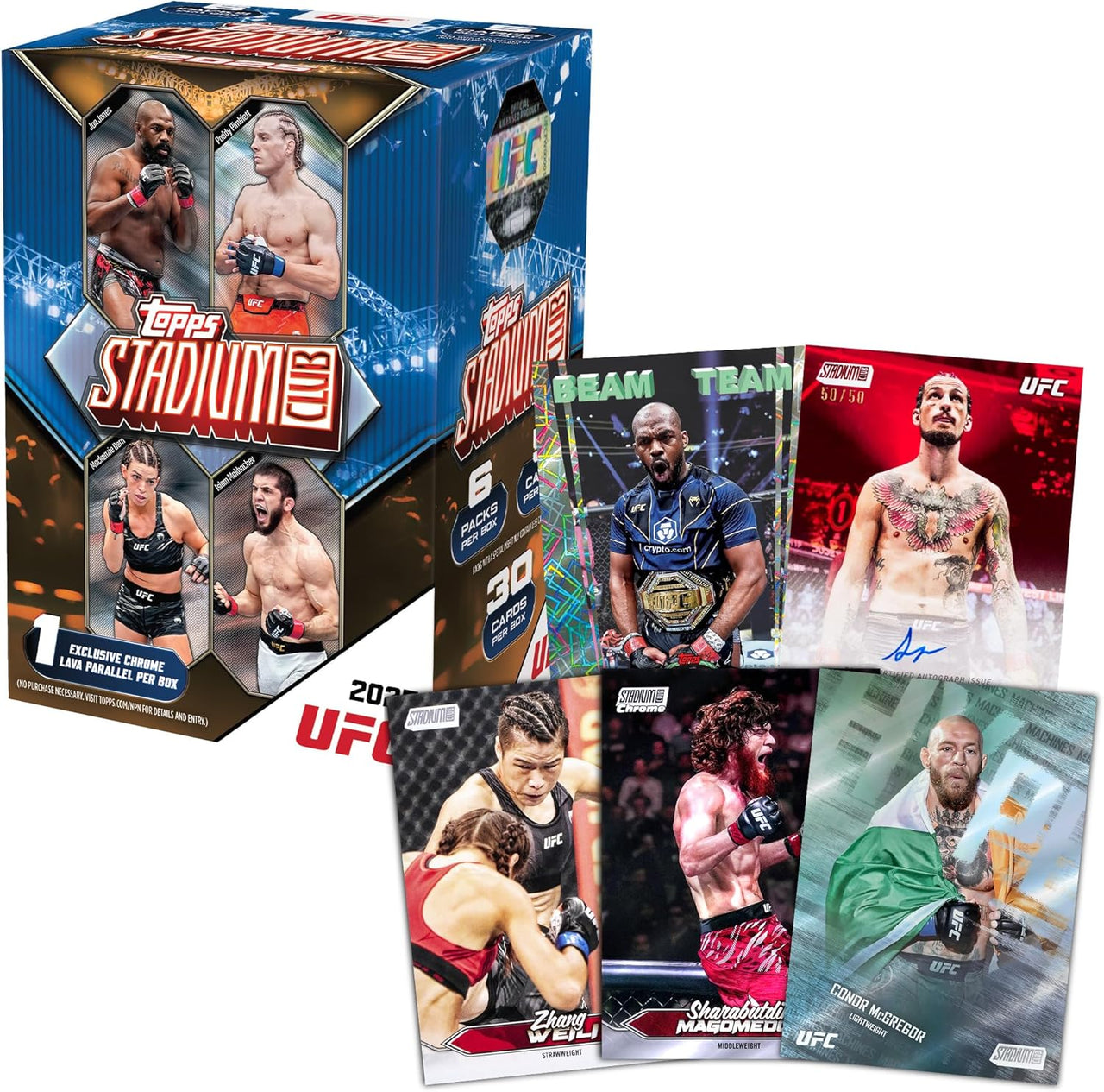 Topps UFC Stadium trading card packs and cards on a white background