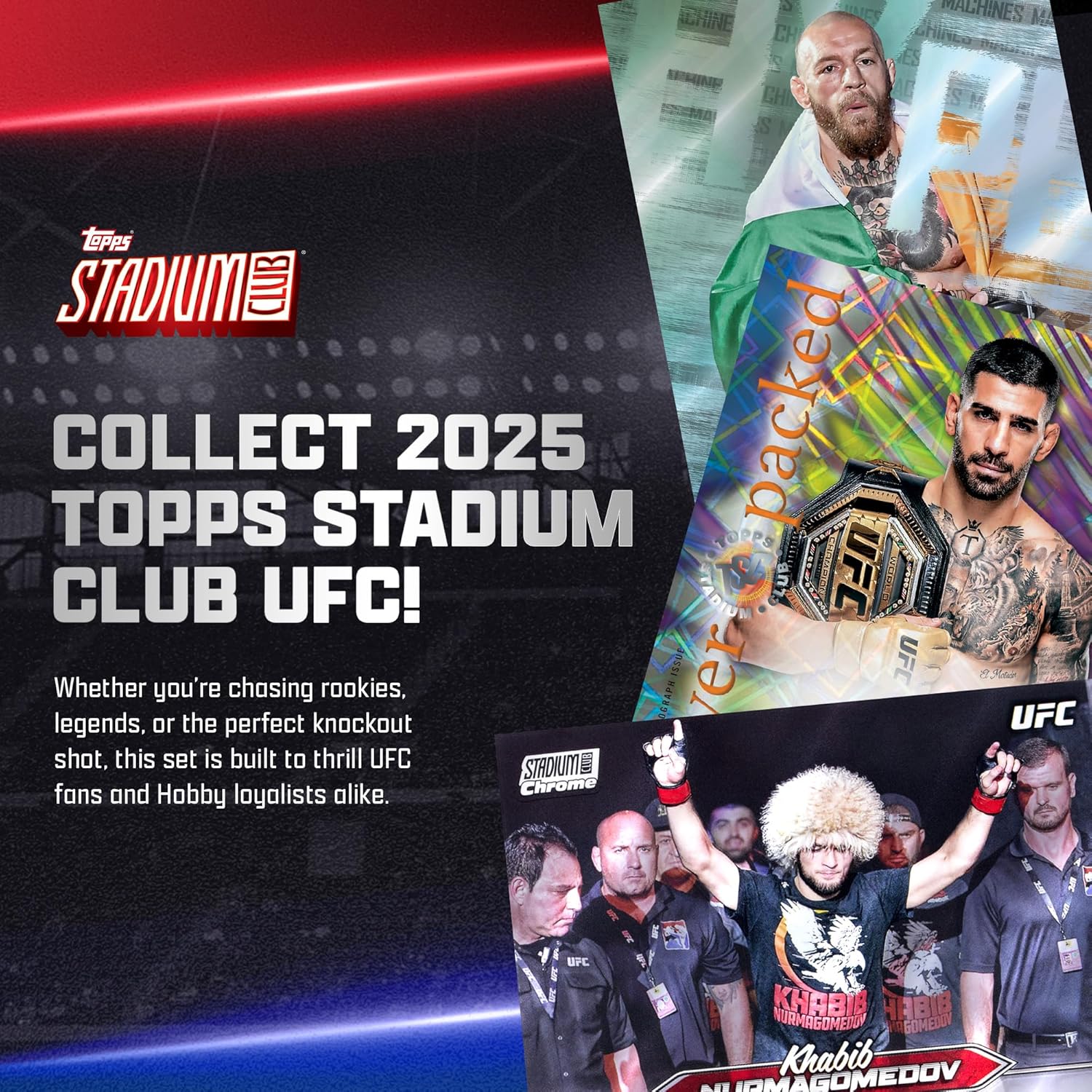 Promotional image for 2025 Topps Stadium Club UFC trading cards with packaging and text.