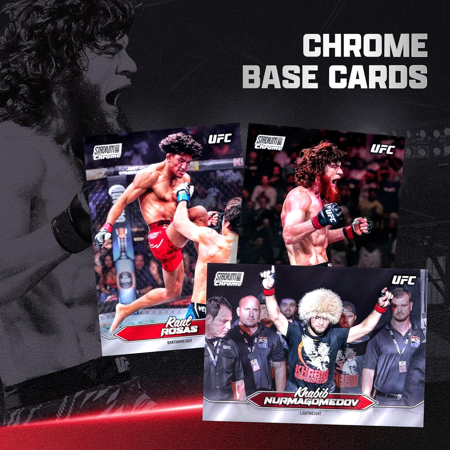 UFC Chrome base cards featuring fighters on a dark background with 'Chrome Base Cards' text.