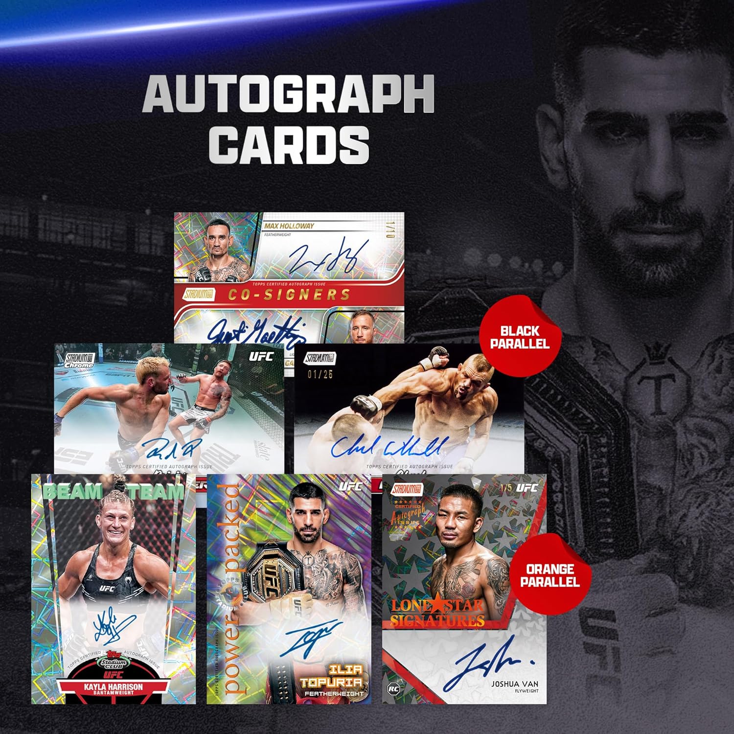 Collection of autograph cards featuring UFC fighters with a dark background and 'Autograph Cards' text.